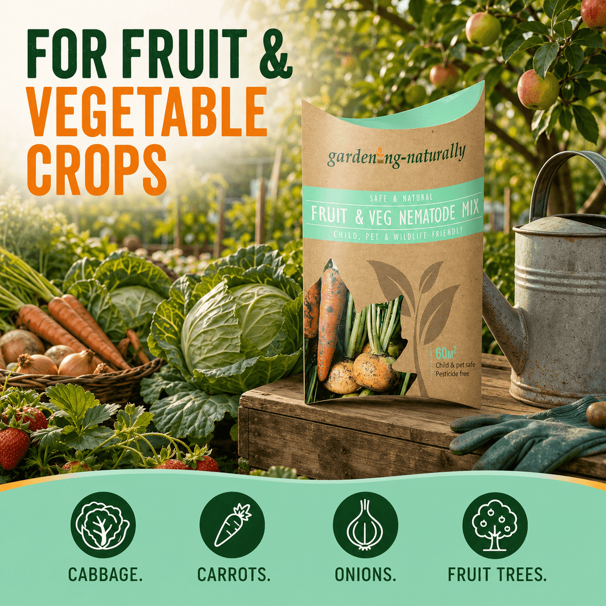 A bag of gardening-naturally Fruit & Veg Nematode Mix stands on a wooden table in a garden setting, with vegetables, a watering can, gloves, and large text reading 'FOR FRUIT & VEGETABLE CROPS' and 'GARDEN.