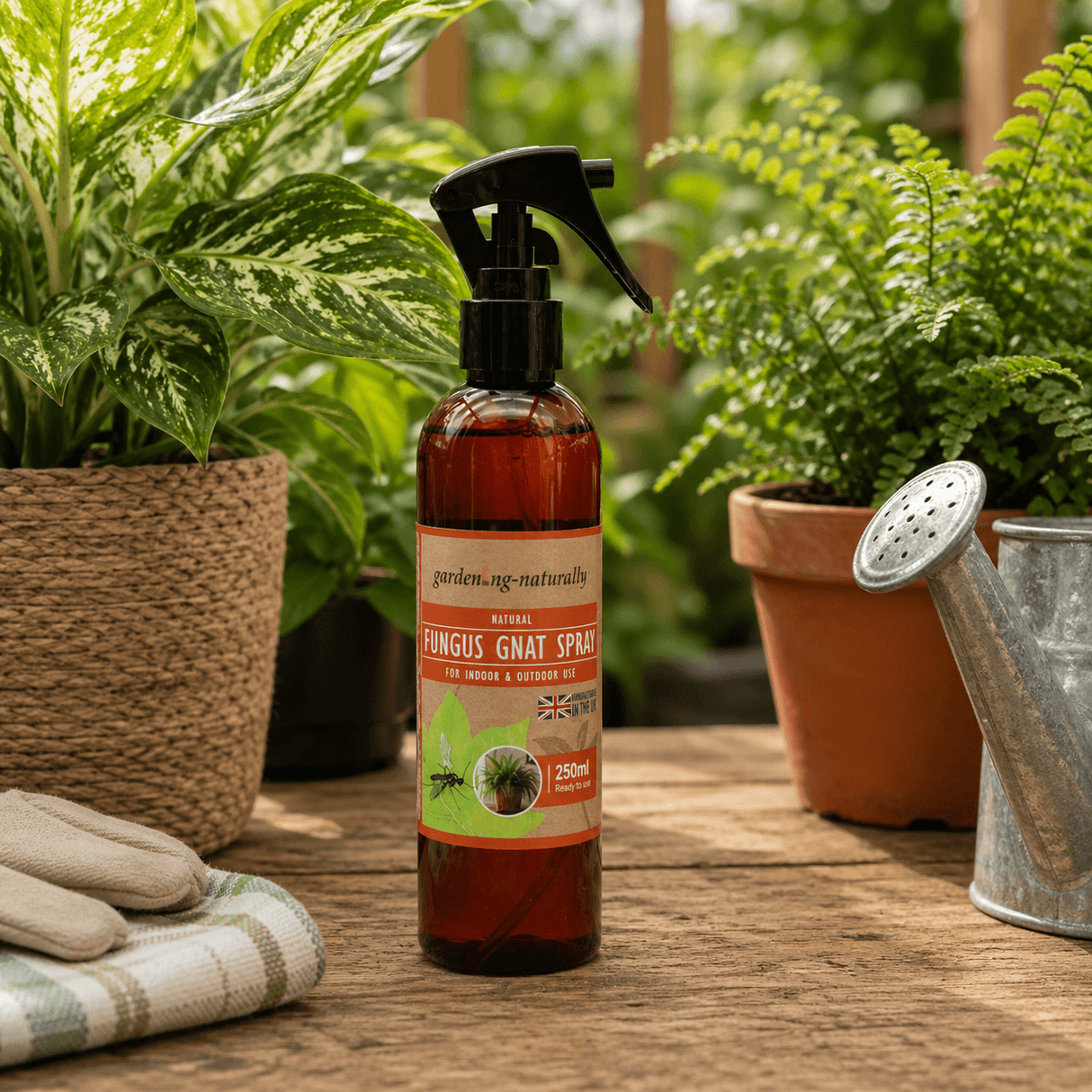 Fungus gnat spray bottle on a table with plants and gardening tools in the background