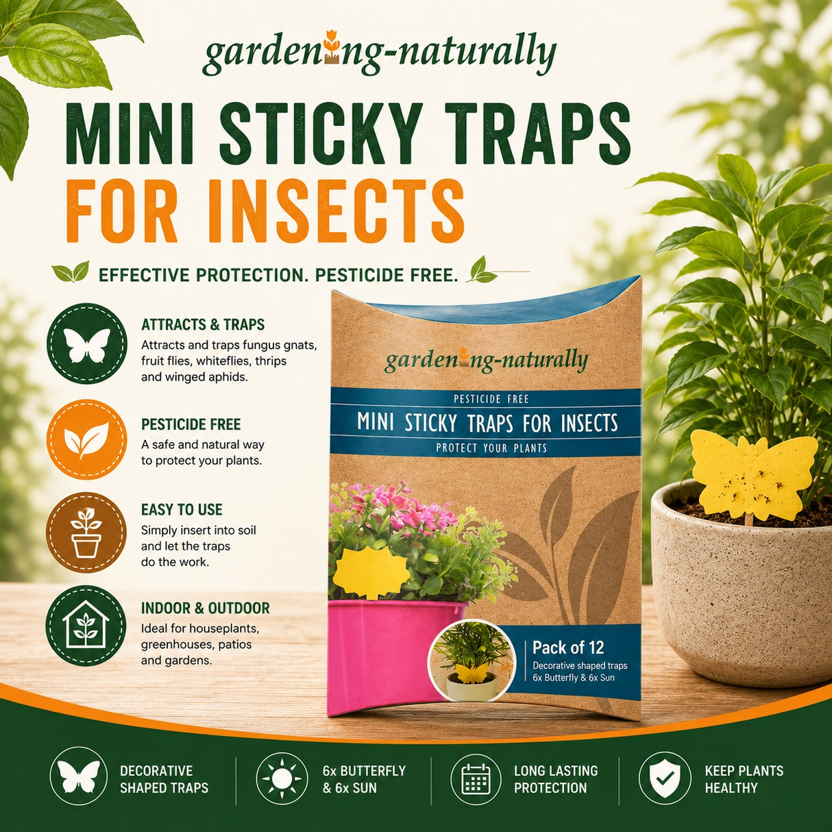 Gardening-Naturally mini sticky traps for insects packaging with product details and plant imagery.