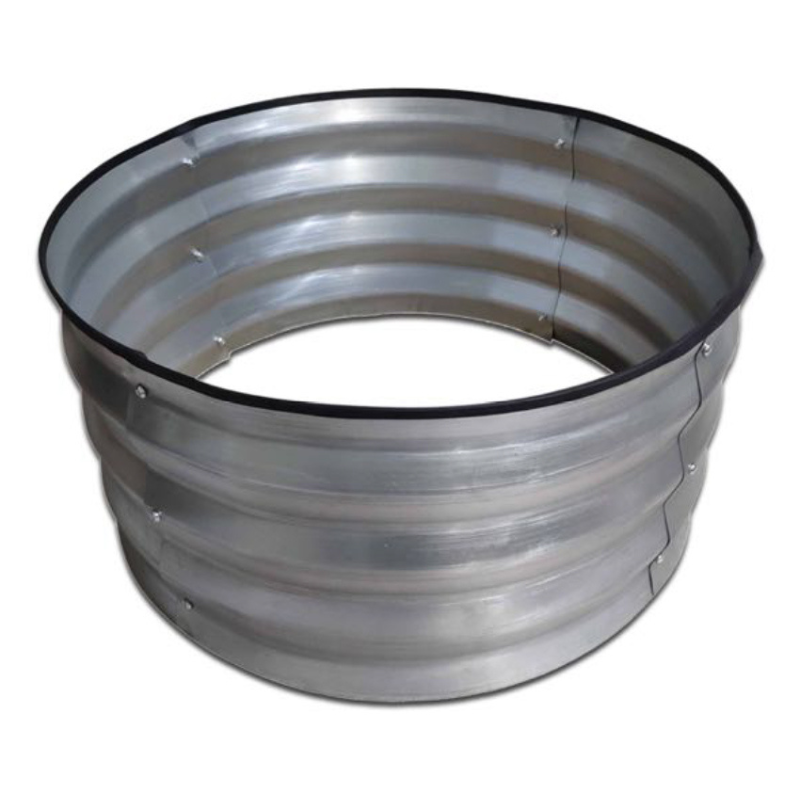 A round, silver steel raised bed designed for gardening.