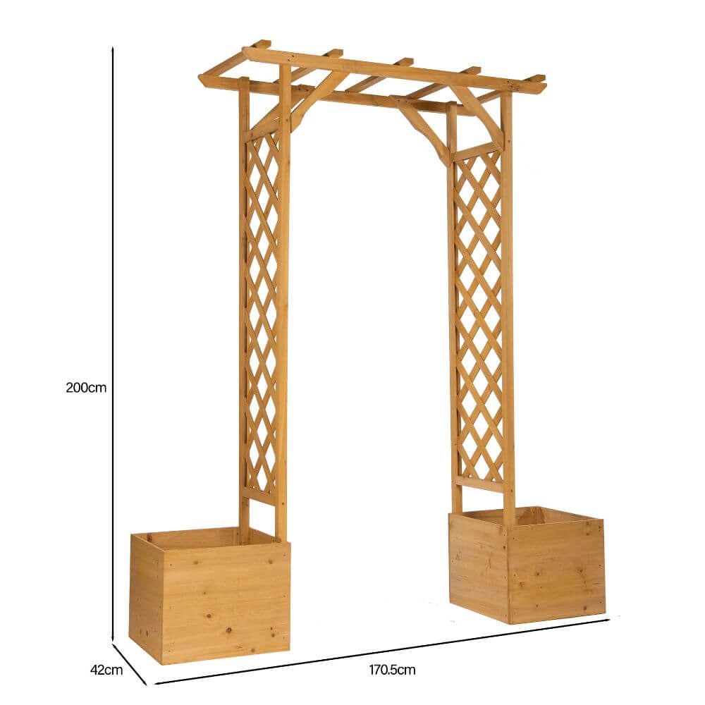 Garden arch with planters diagram of sizes on white background