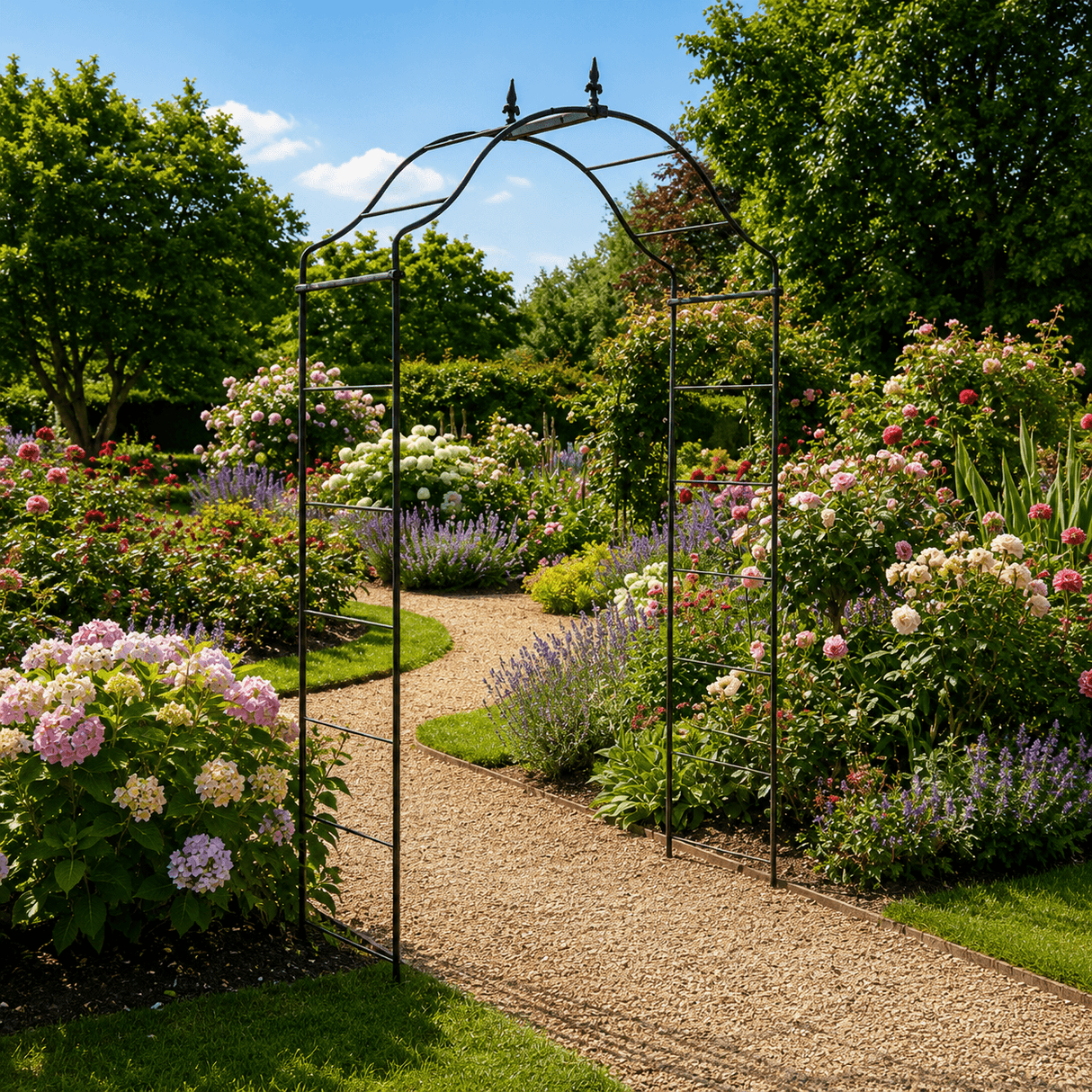 Metal garden archway in a lush garden with flowers and trees