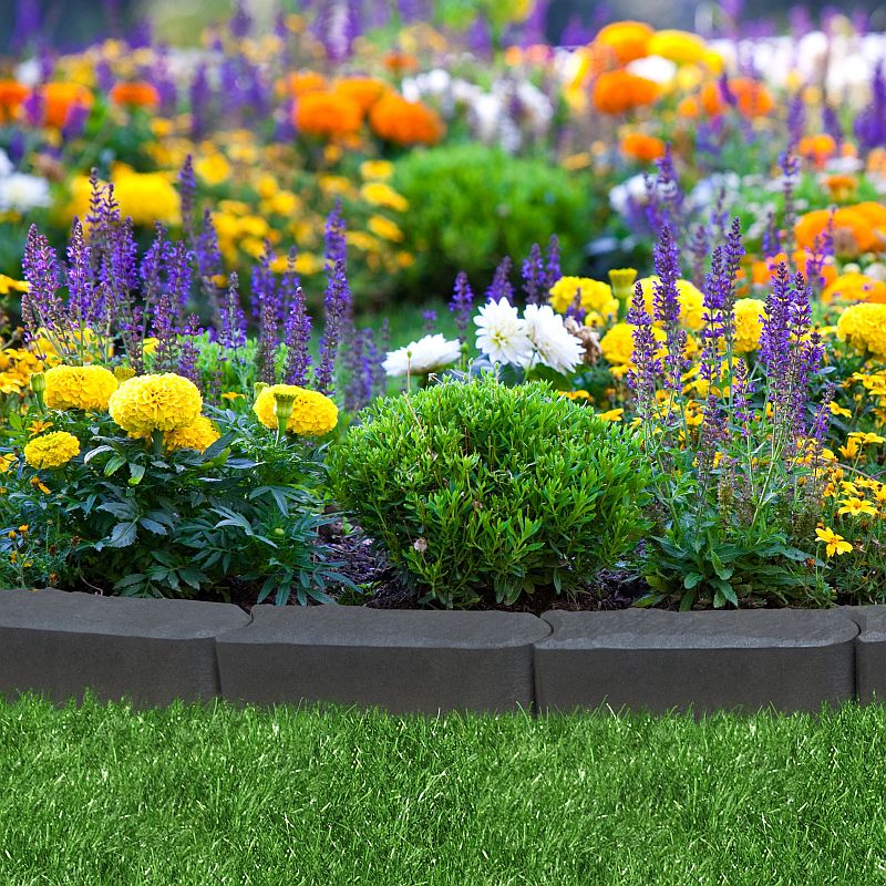 A garden border a bed of colourful flowers and greenery.