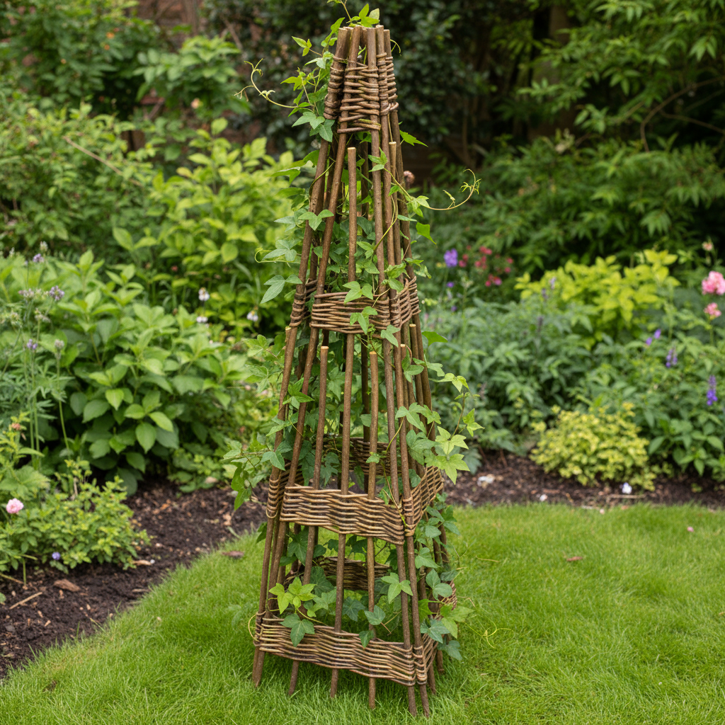 Wooden Garden obelisk with climbing plants in a garden setting