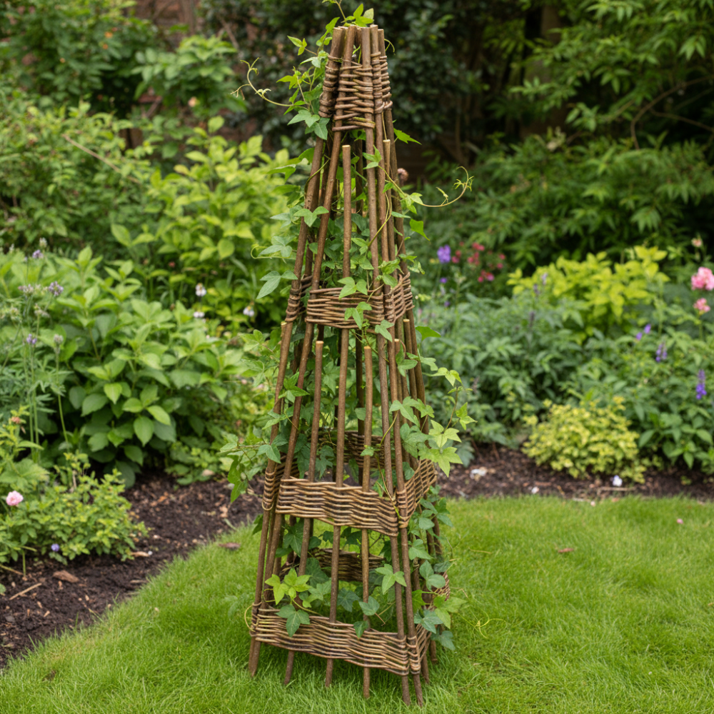 Wooden Garden obelisk with climbing plants in a garden setting
