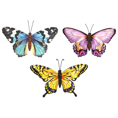 A set of three colorful metal butterfly wall art decorations in pink, blue, and yellow hues.