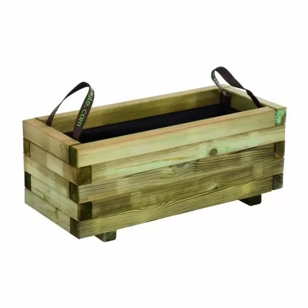Wooden planter box with handles on a white background