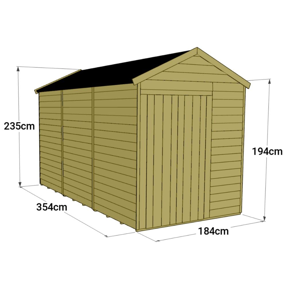 A wooden garden shed with double doors, an apex roof, and no windows.