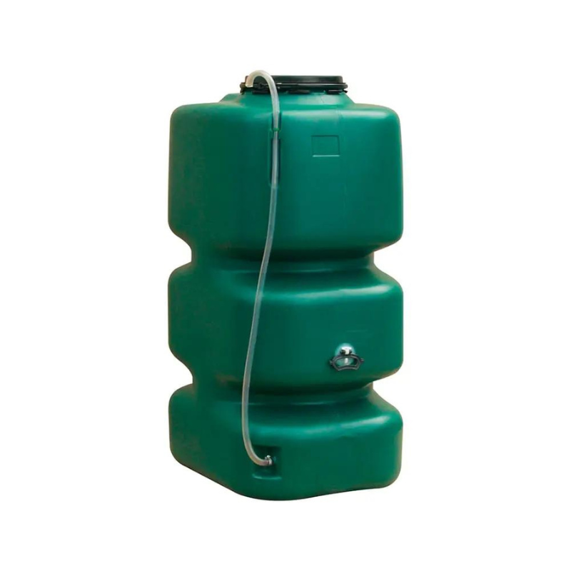 Green plastic garden water tanks with a capacity of 500 litres and 750 litres, featuring a transparent hose with a tap on the end.