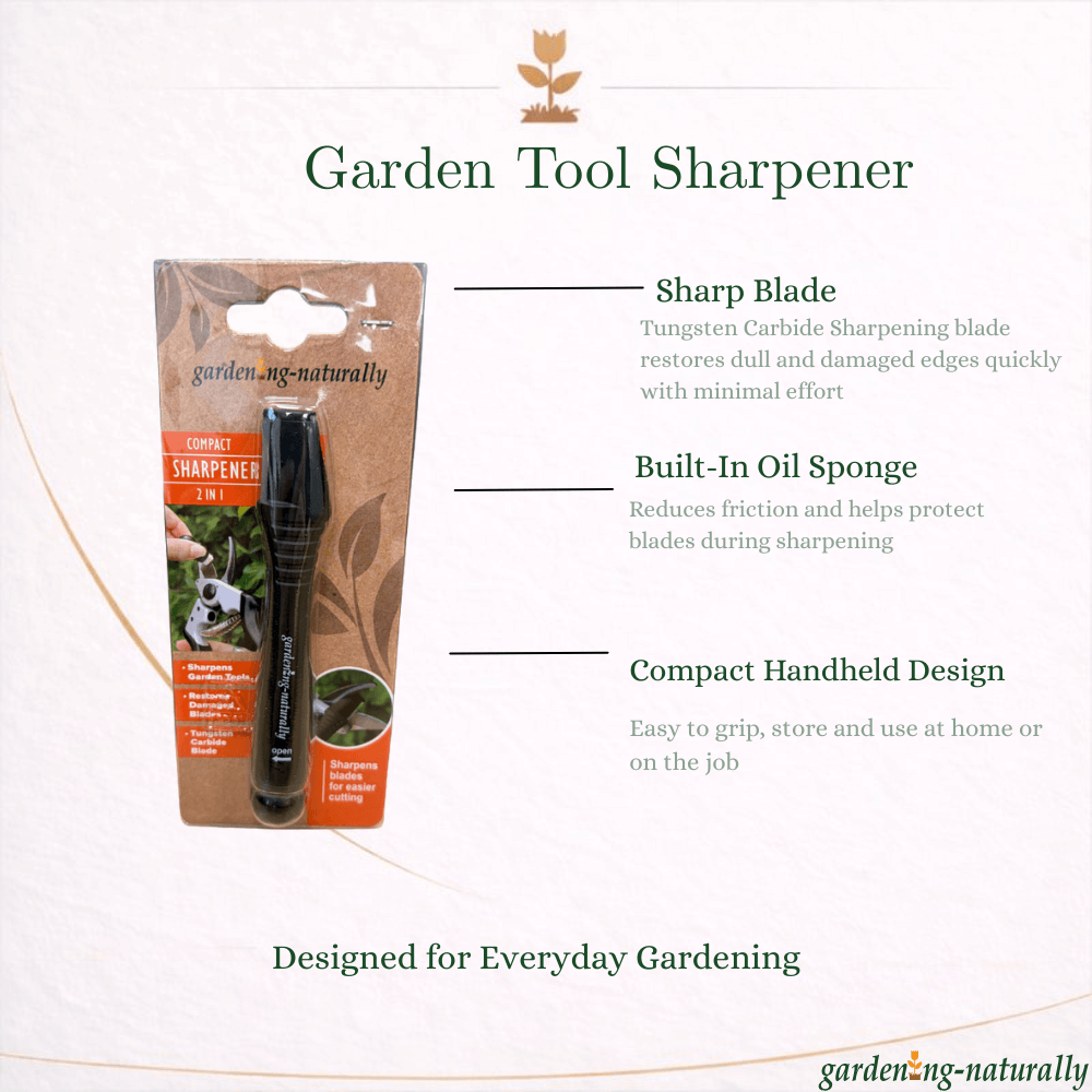 Garden Tool Sharpener packaging with product details on a white background