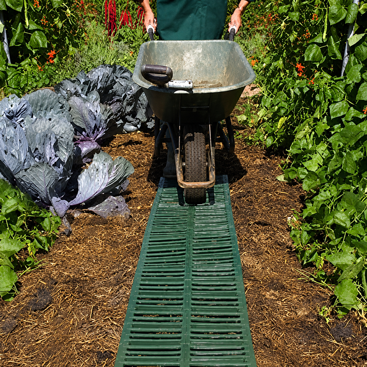 A person laying out green garden track panels in a garden setting to create a pathway.