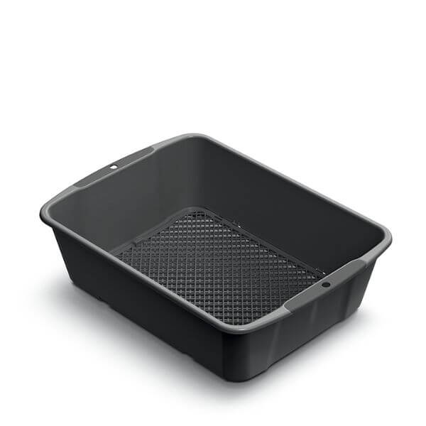 A rectangular black gardening sieve with adjustable mesh size, designed for sifting soil or compost.