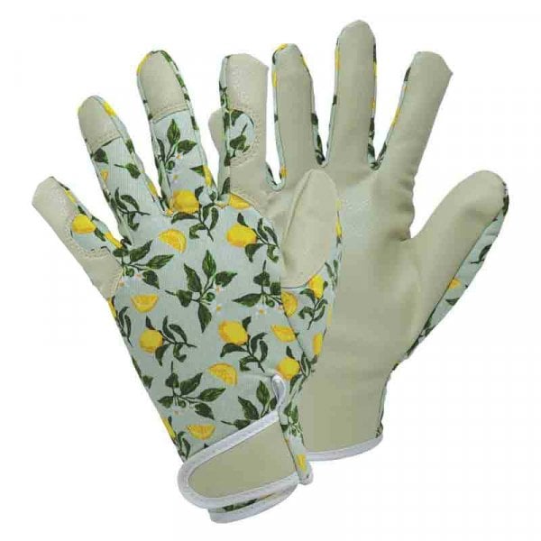 Gardening gloves with lemon pattern on palms look like leather