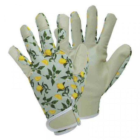 Gardening gloves with lemon pattern on palms look like leather