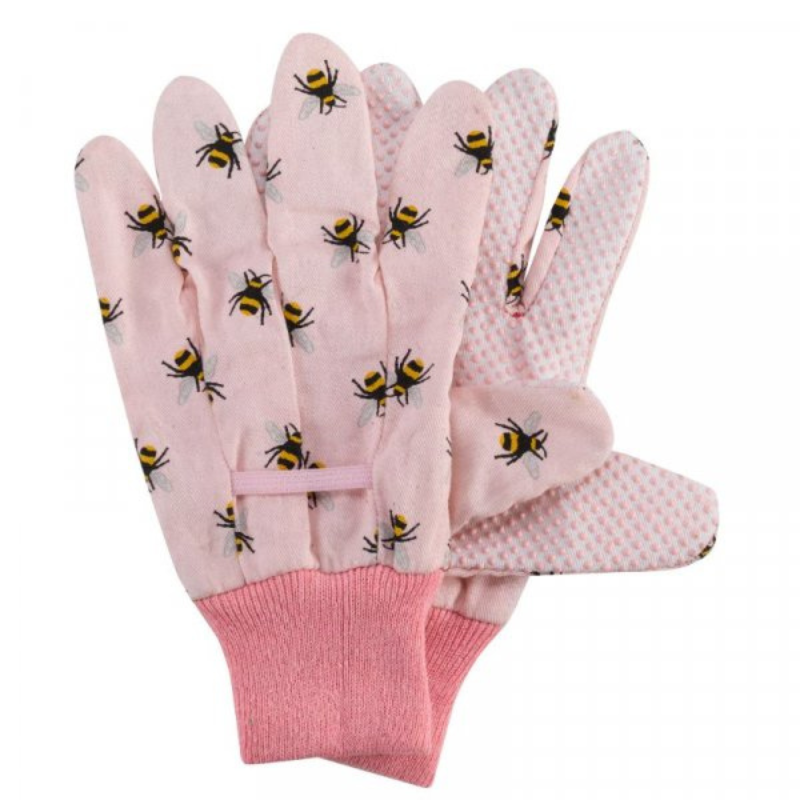 A person gardening wearing pink gardening gloves with a bee design