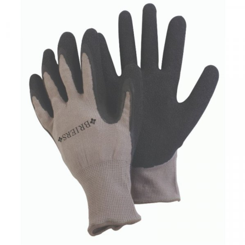 A pair of gardening gloves with black grip-enhanced palms and grey back, with the brand 'BURGOB & BALL' visible on the back of the hand.