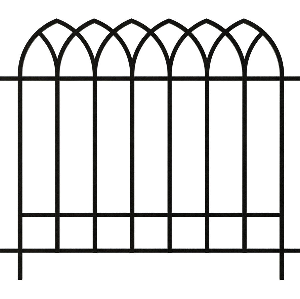 A gothic-style black garden fence made of steel on white background