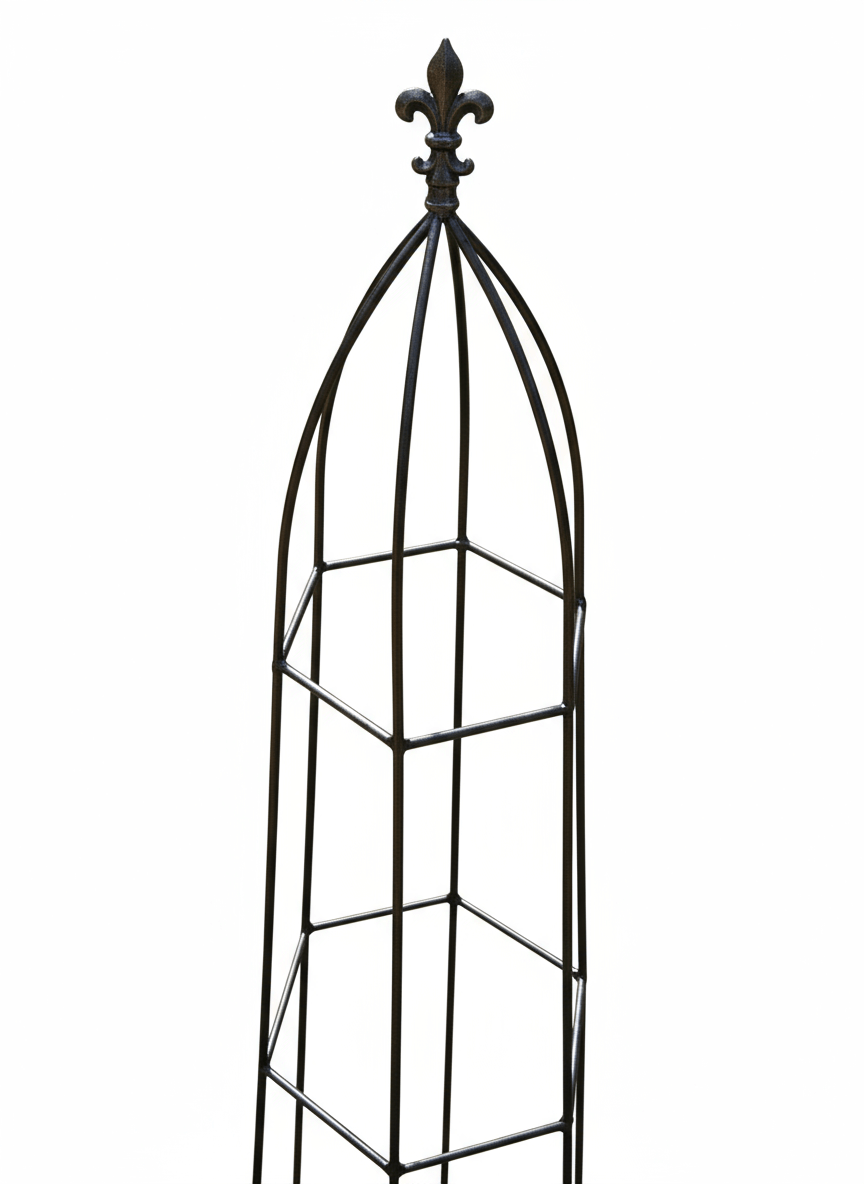 Decorative black metal obelisk with a fleur-de-lis design on a white background