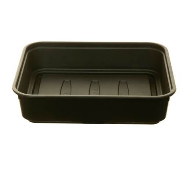 A black plastic gravel tray for gardening, viewed from a slightly elevated angle, showing the interior with drainage holes.