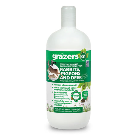 A white spray bottle labeled 'Grazers' for repelling rabbits, pigeons, and deer