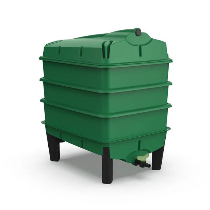A green 3-Tray Tiger Wormery with a black tap and lid, designed for composting kitchen waste into organic vermicompost and liquid plant feed.