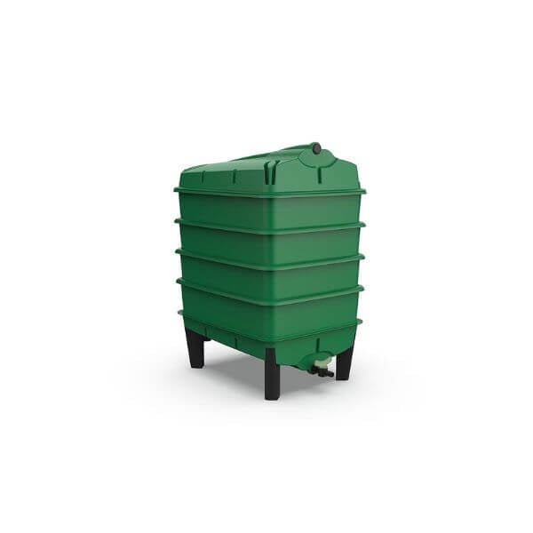 A green 4 tray garden wormery made of high-quality, fully recyclable plastic, designed for composting food waste.