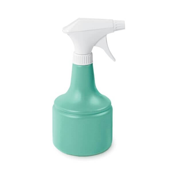 A green plastic hand spray bottle with a white spray nozzle and pump handle.