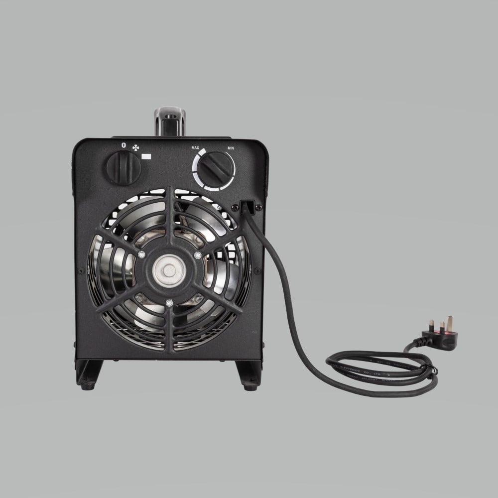 Back view of greenhouse fan heater showing plug