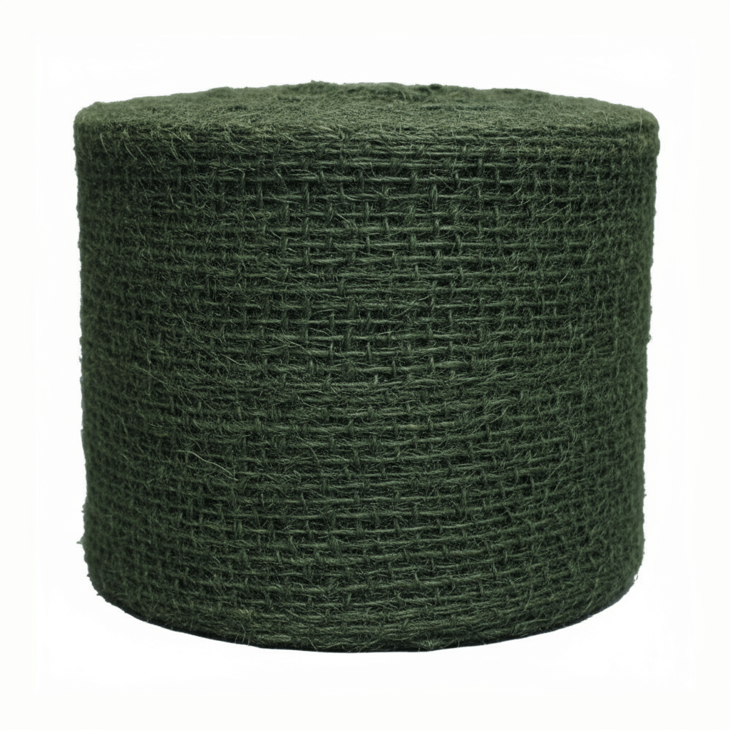 Green burlap roll on a white background