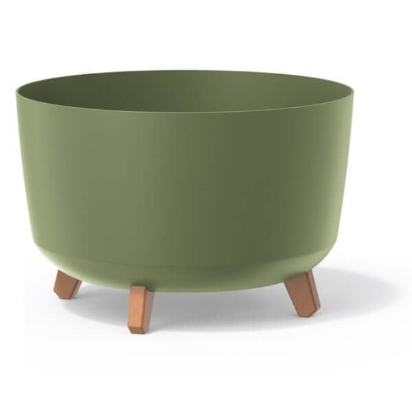 Round indoor or outdoor flower pot in green with wood effect legs
