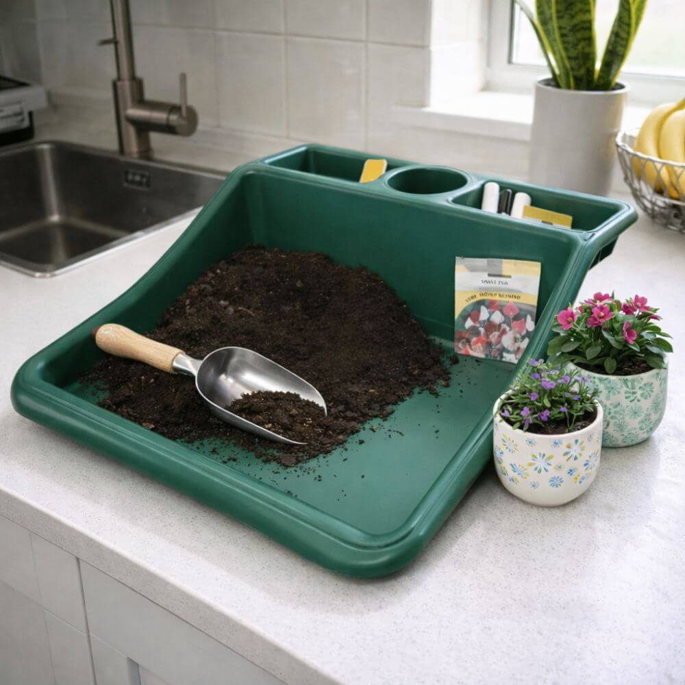 Green gardening tray with soil, a scoop, and small plants on a kitchen counter.