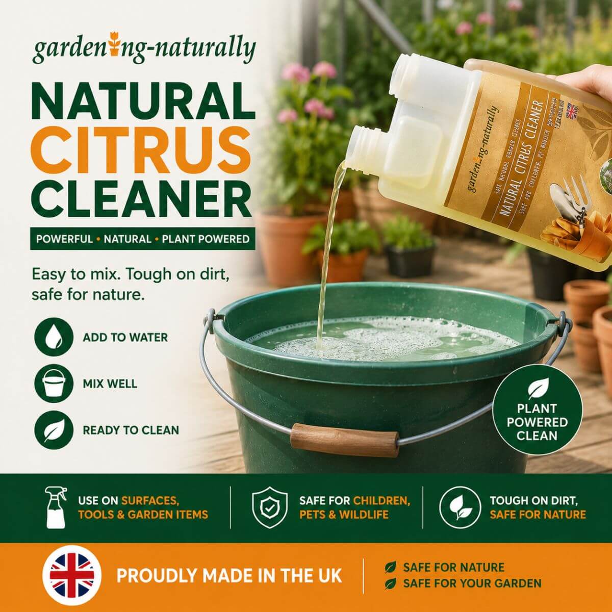 Natural Citrus Cleaner being poured into a green bucket with garden setting in the background