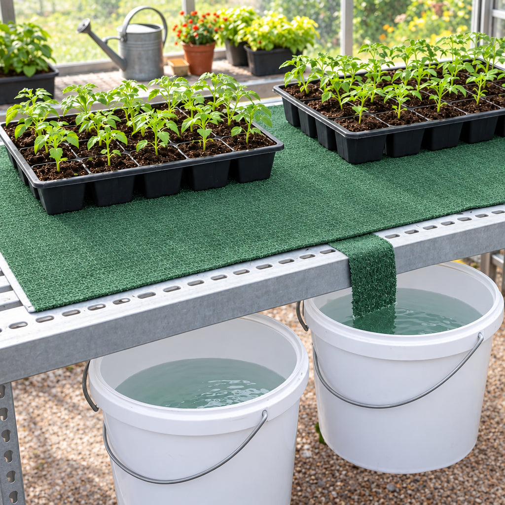 Gardening setup with seedlings being watered with capillary matting from a bucket of water