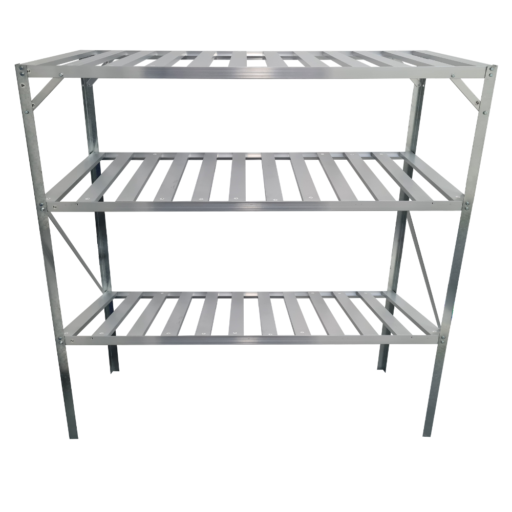 Metal slatted greenhouse staging unit with three shelves on a white background