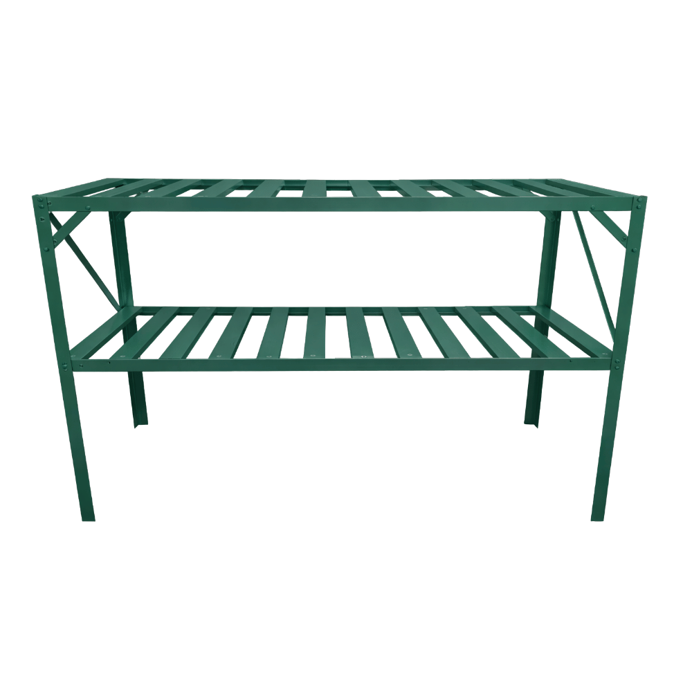 Green metal greenhouse staging shelving unit on a white background