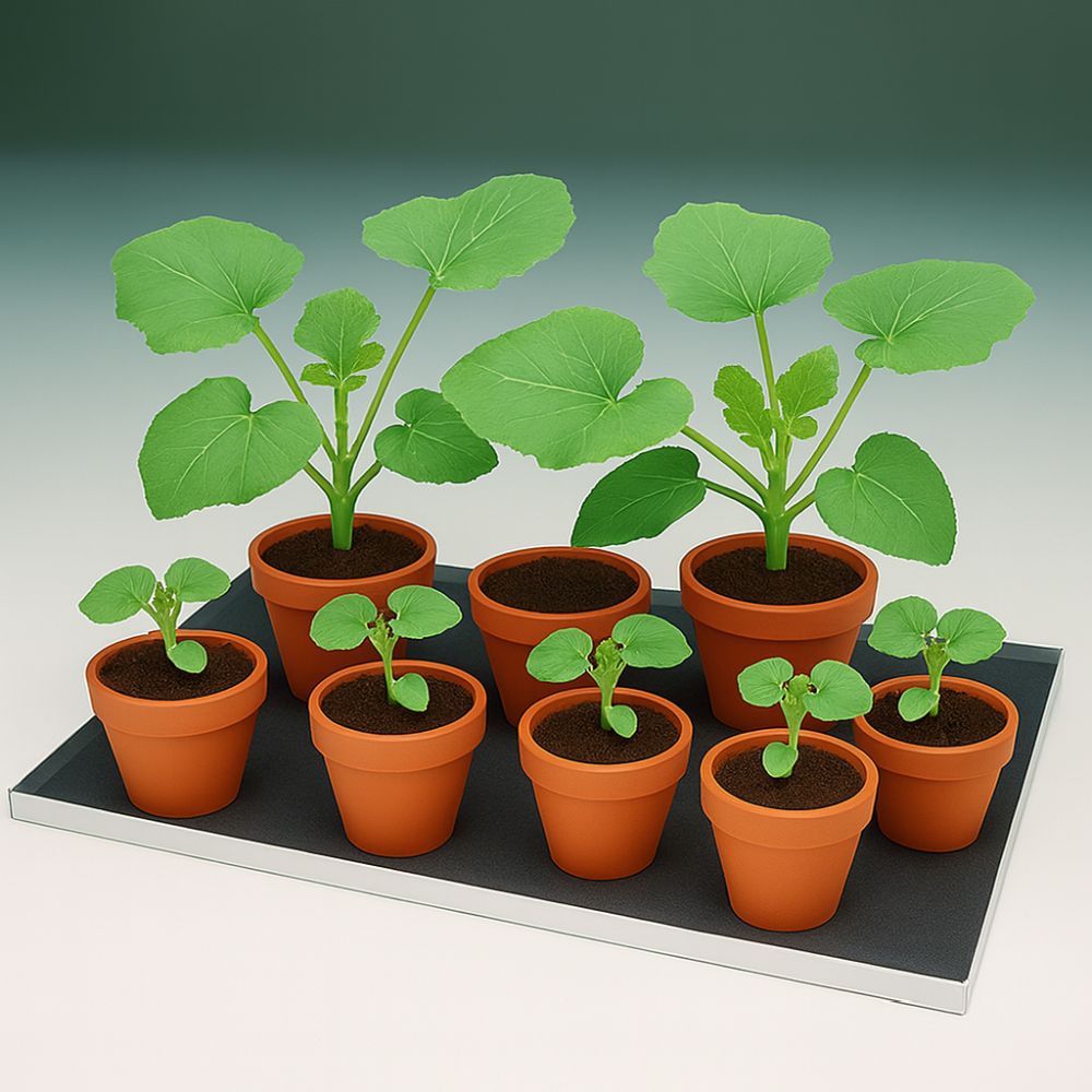 Set of potted plants on a black tray with a gradient background