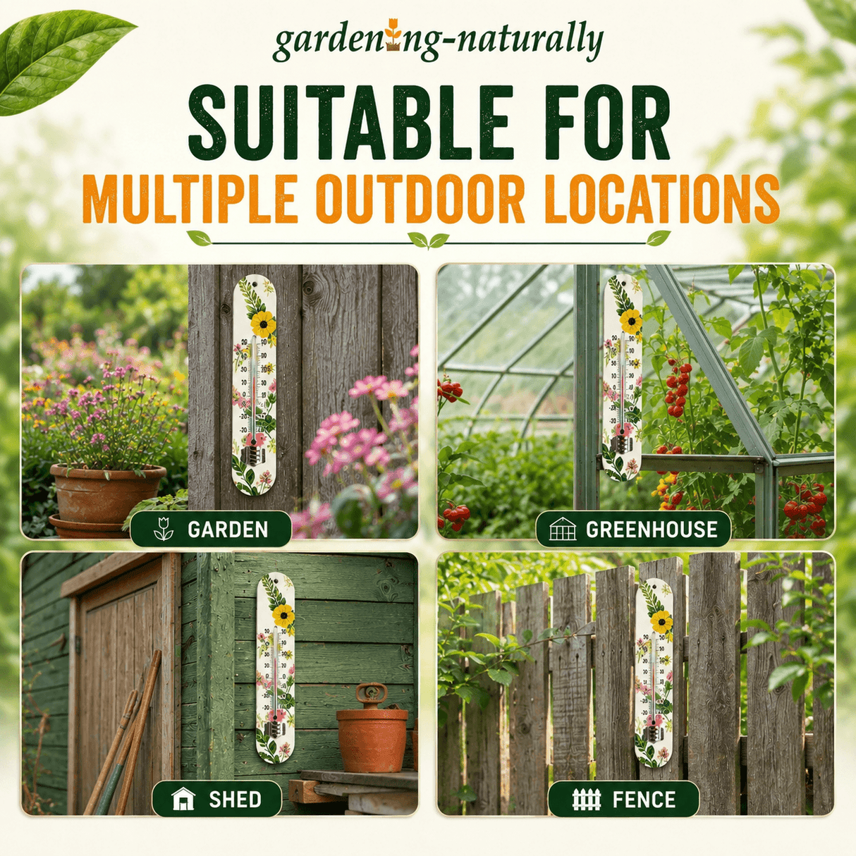 Garden thermometer suitable for multiple outdoor locations with images of plants, greenhouse, shed, and fence.