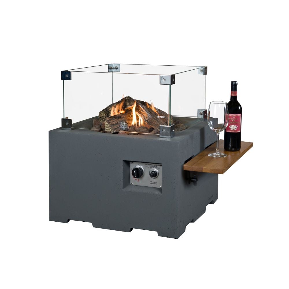 square fire pit table with glass cover and shelf