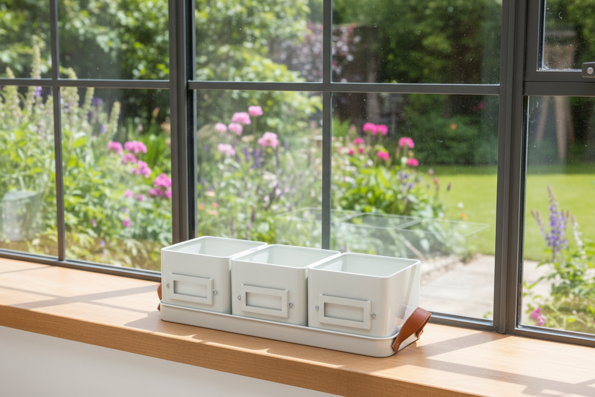 white herb pots on tray on a window sil