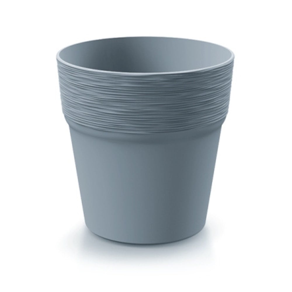 A 12cm diameter flowerpot with a ridged grey surface