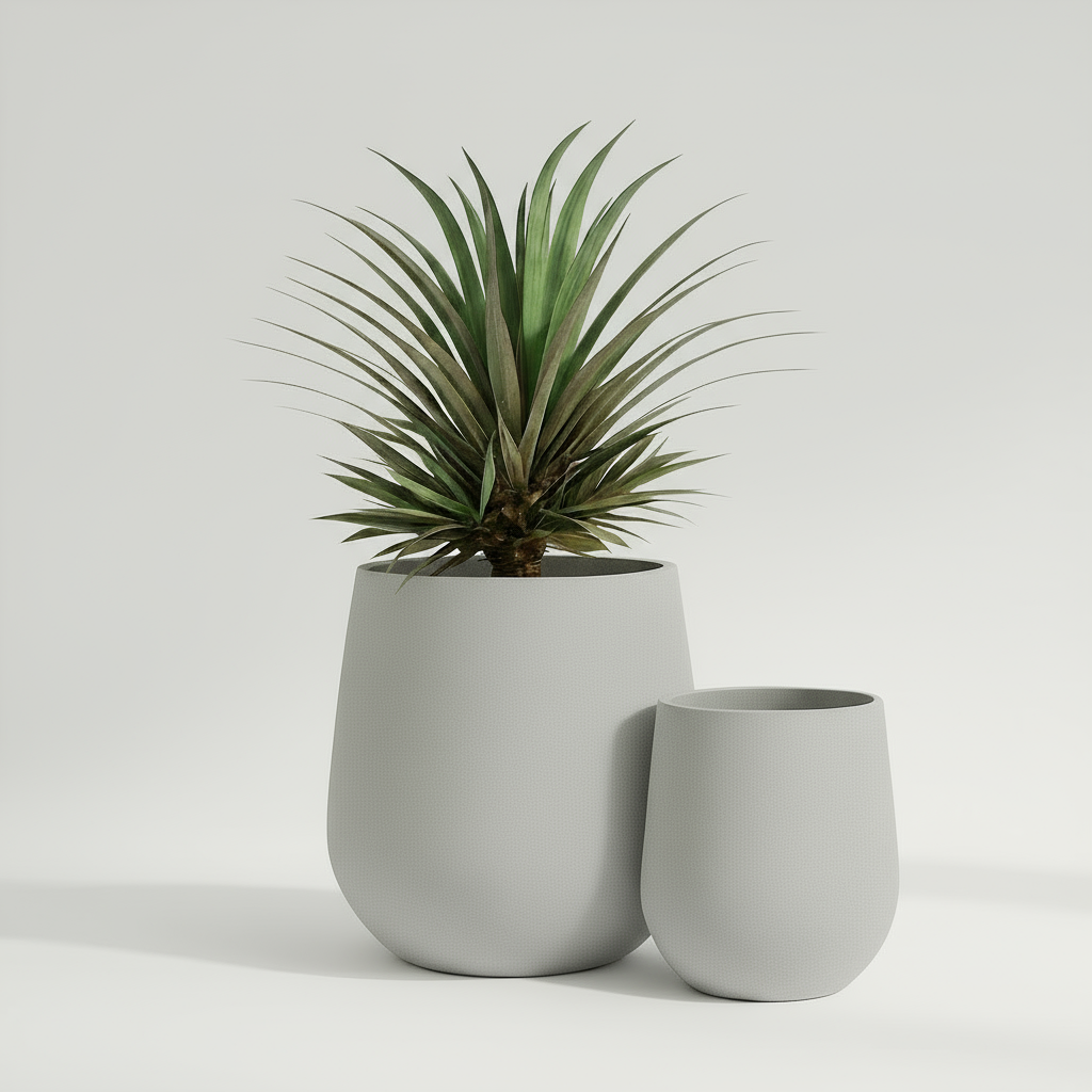 Two grey plant pots with a plant on a wooden floor in a living room setting.