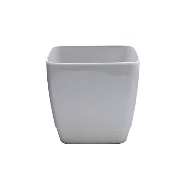 Three square-shaped indoor plant pots in white.
