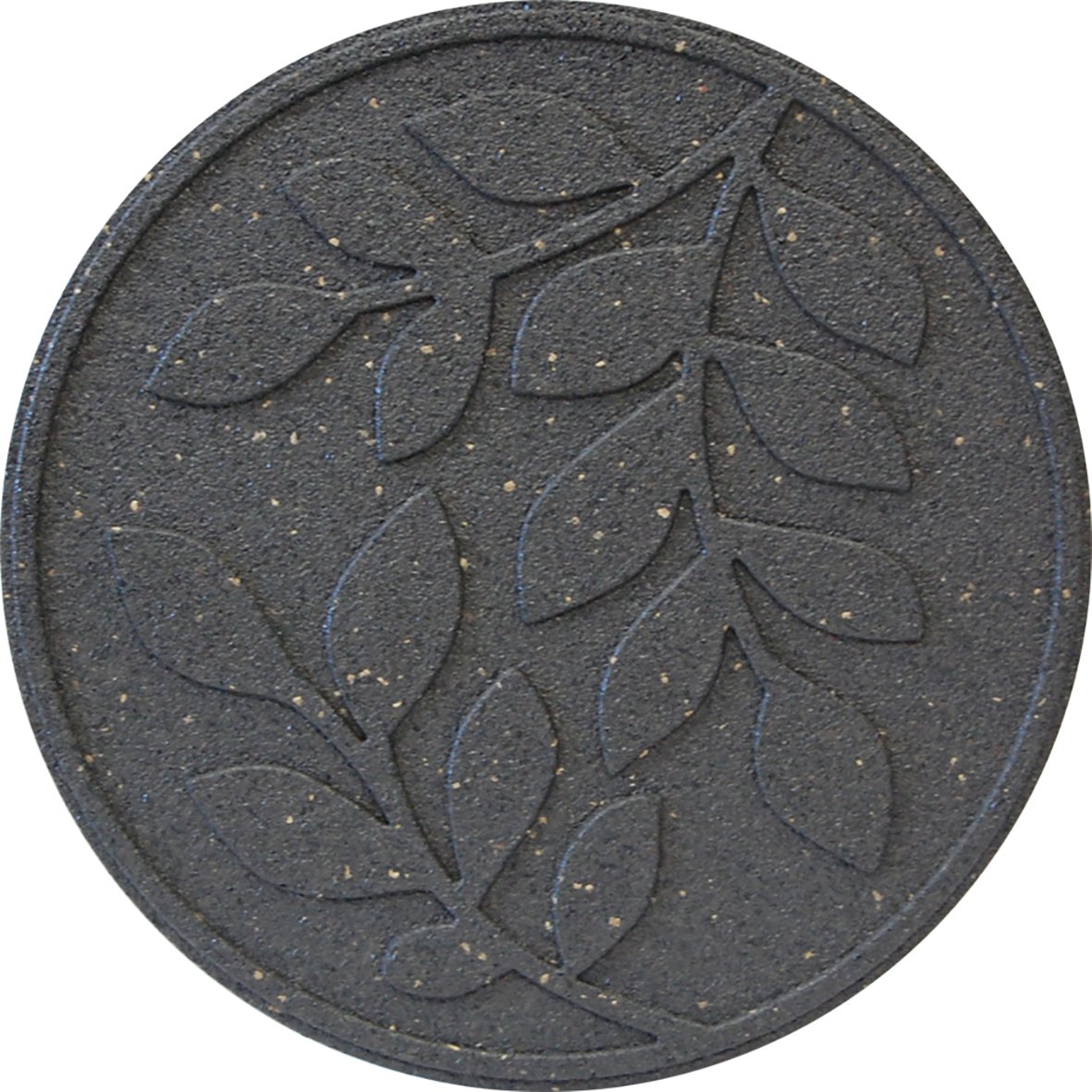 A round grey stepping stone with a leaf pattern design.