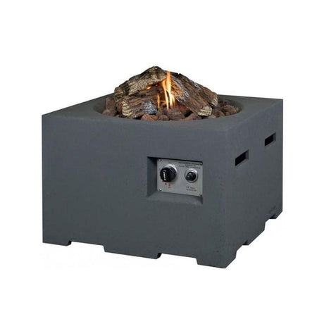 grey fire pit square unit with logs on fire