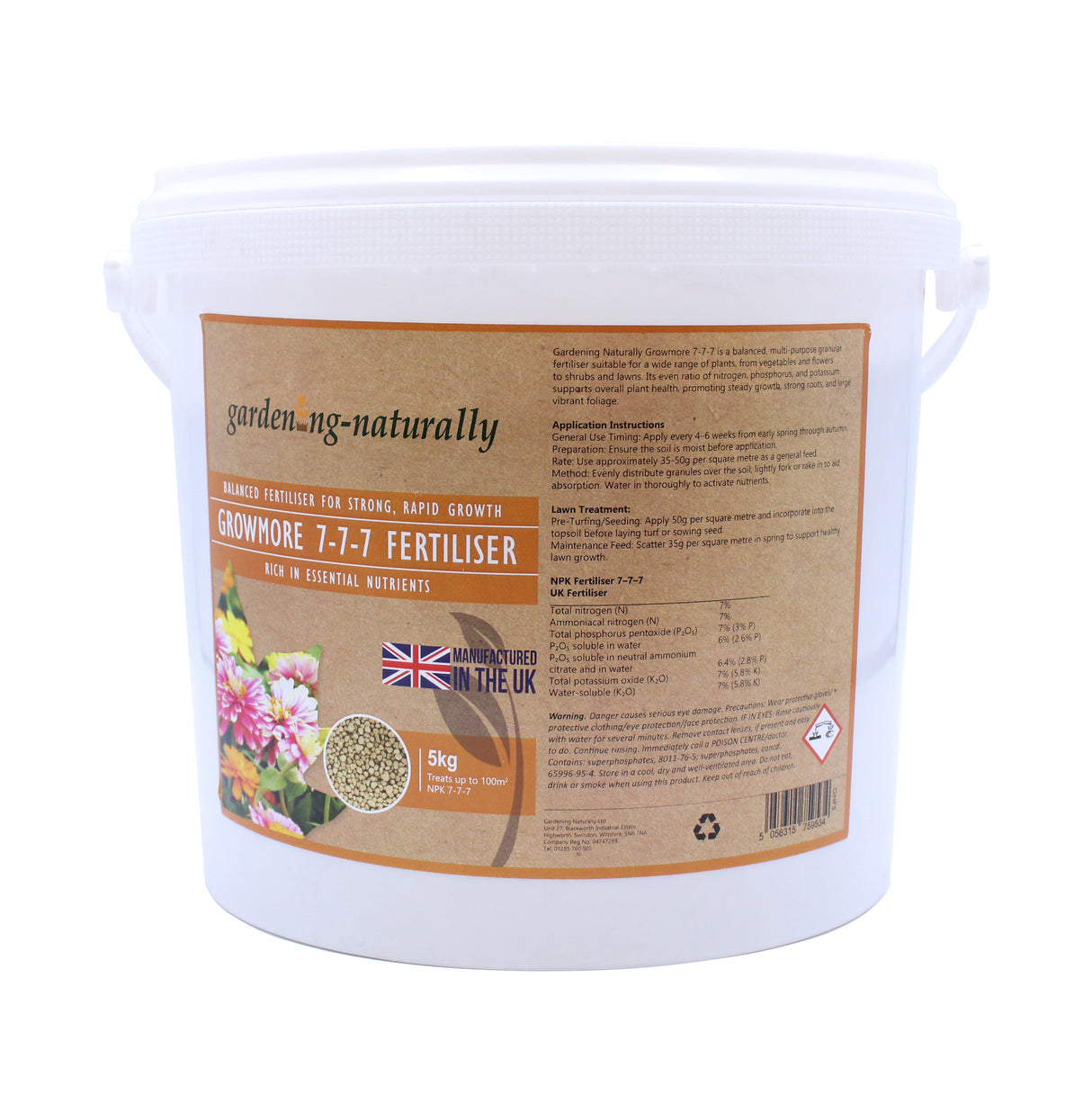 White bucket with a 'garden.naturelly' label on a white background Growmore Fertiliser