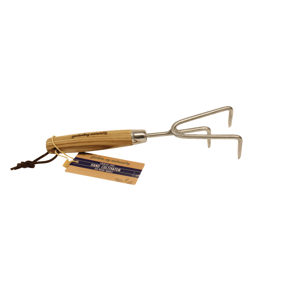 Hand cultivator with wooden handle and metal tines on a white background