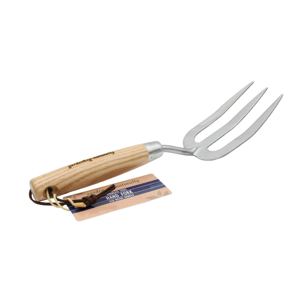 garden hand fork with wooden handle and tag