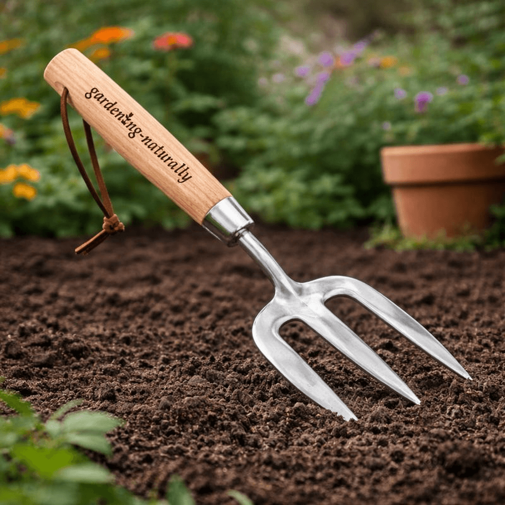 Hand garden fork with wooden handle and stainless steel tines breaking up soil in a flower bed for planting and cultivation