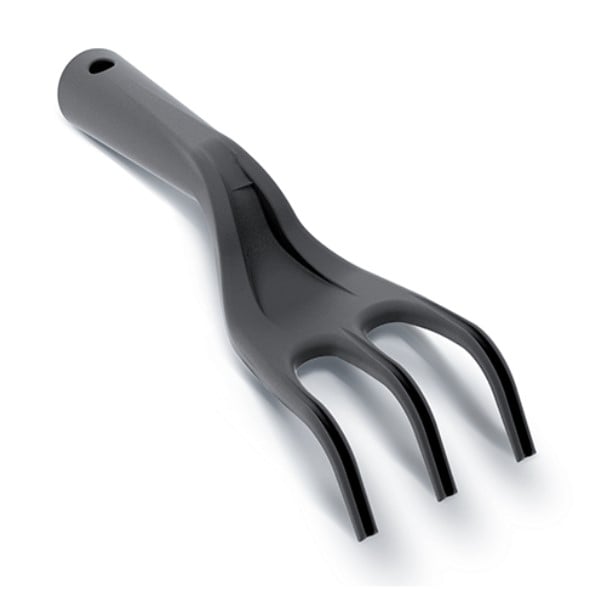 A black gardening hand fork with a ergonomic handle and three tines.