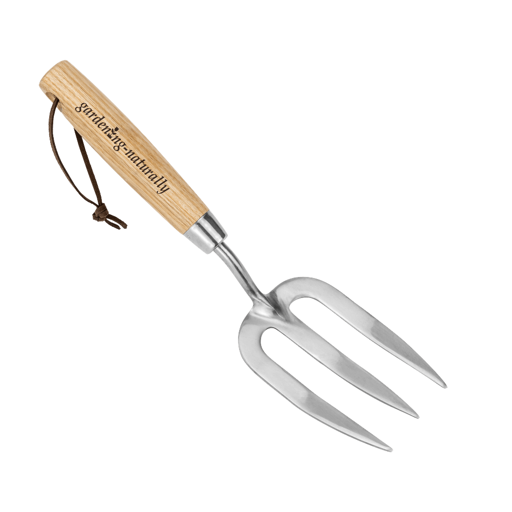 Gardening fork with wooden handle on a white background